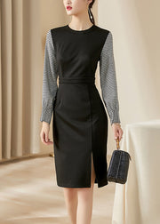 Slim Fit Black Plaid Side Open Patchwork Cotton Dresses Fall