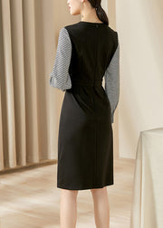 Slim Fit Black Plaid Side Open Patchwork Cotton Dresses Fall