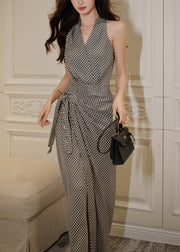 Slim Fit Black Plaid V Neck Side Open Cotton Long Dress Sleeveless