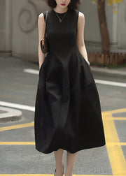Slim Fit Black Pockets Front Open High Waist Cotton Long Dress Sleeveless