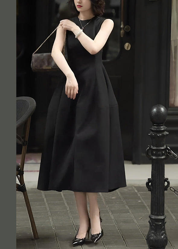 Slim Fit Black Pockets Front Open High Waist Cotton Long Dress Sleeveless