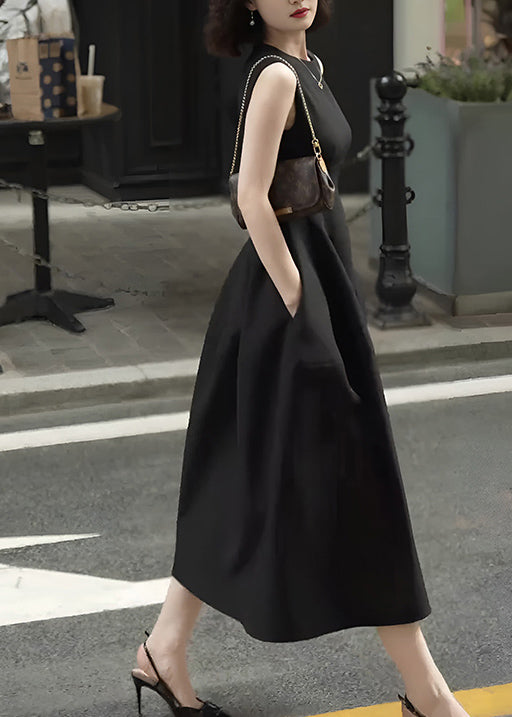 Slim Fit Black Pockets Front Open High Waist Cotton Long Dress Sleeveless