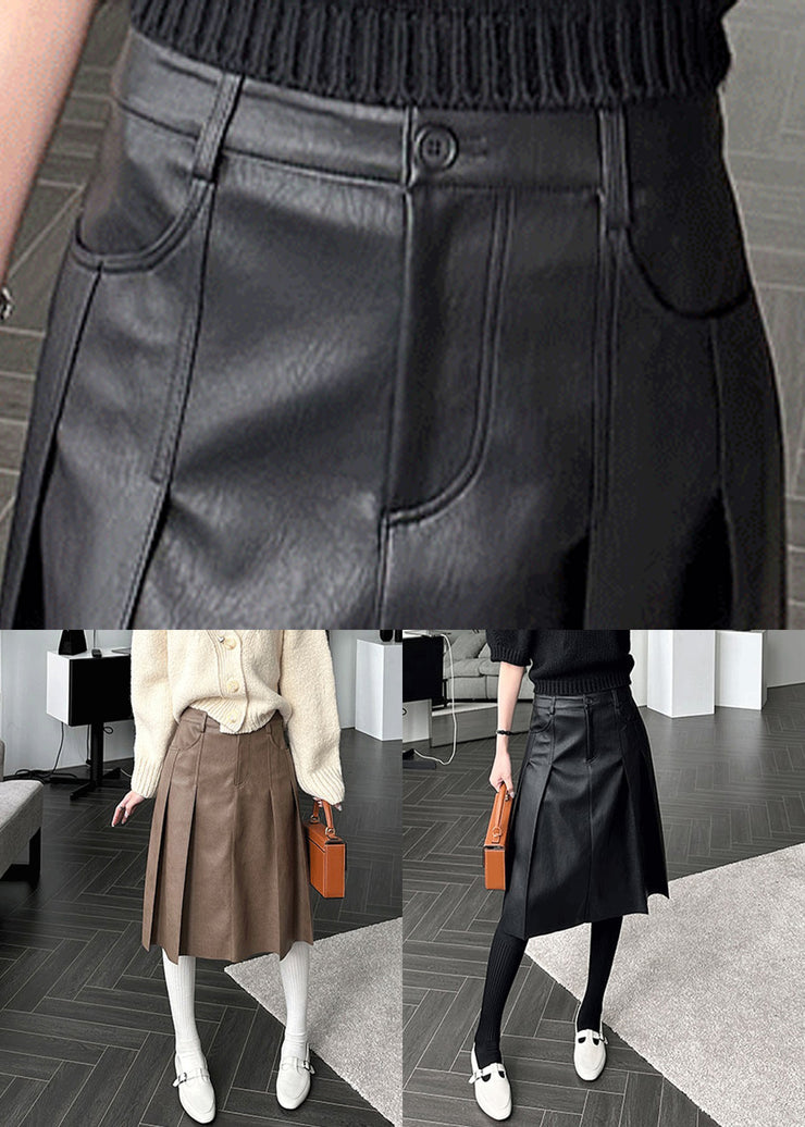 Slim Fit Black Pockets High Waist Faux Leather Skirt Fall