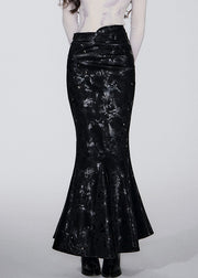 Slim Fit Black Print High Waist Faux Leather Fishtail Skirts Fall