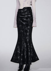 Slim Fit Black Print High Waist Faux Leather Fishtail Skirts Fall