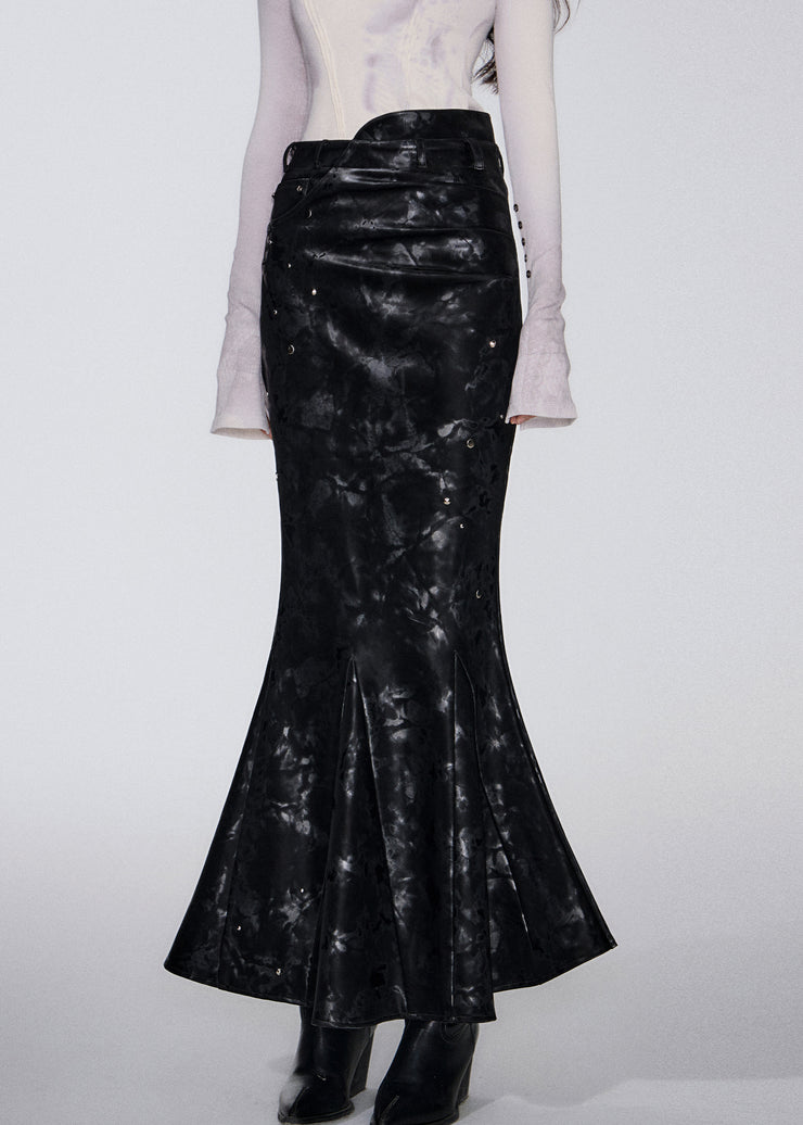 Slim Fit Black Print High Waist Faux Leather Fishtail Skirts Fall