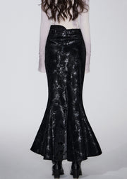 Slim Fit Black Print High Waist Faux Leather Fishtail Skirts Fall