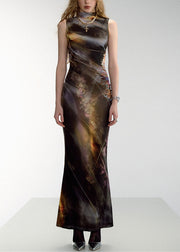 Slim Fit Black Print High Waist Tulle Long Dresses Sleeveless