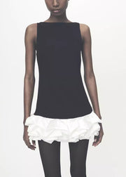 Slim Fit Black Ruffled Patchwork Cotton Mini Dress Sleeveless