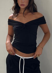 Slim Fit Black Slash Neck Solid Cotton T Shirts Summer