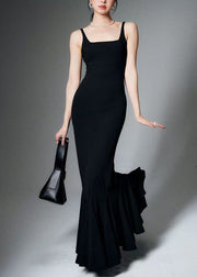 Slim Fit Black Square Collar High Waist Cotton Spaghetti Strap Dress Summer