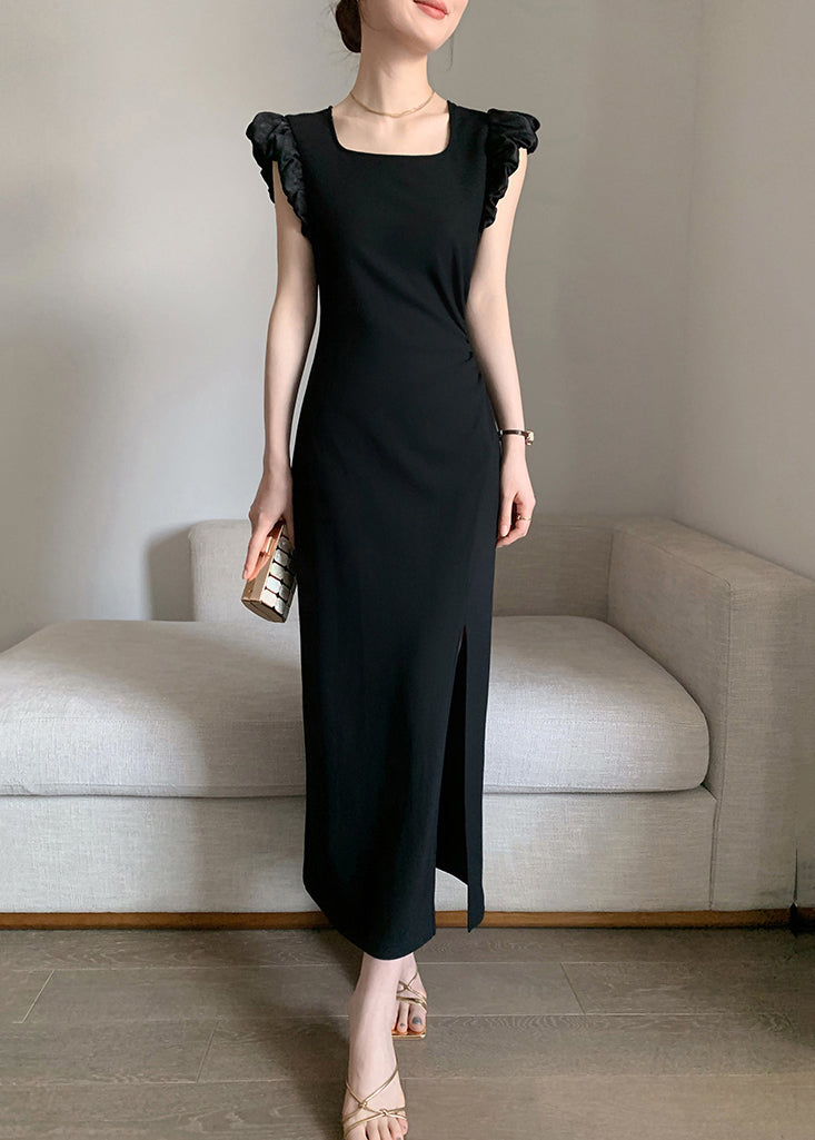 Slim Fit Black Square Collar Side Open Cotton Long Dresses Summer