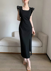 Slim Fit Black Square Collar Side Open Cotton Long Dresses Summer