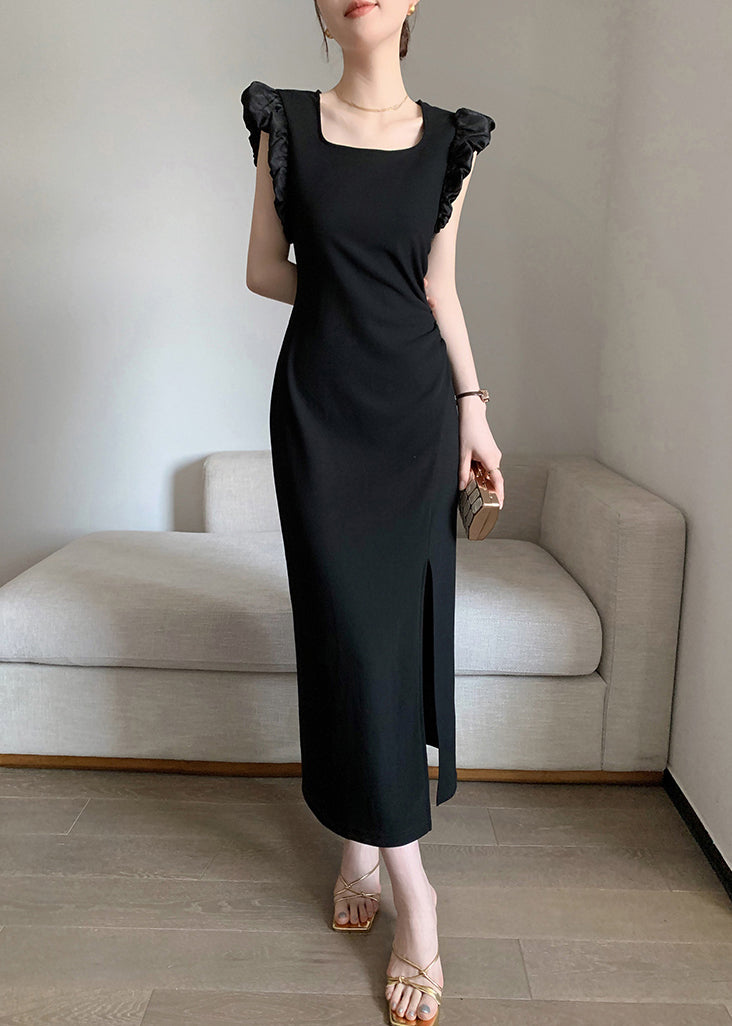 Slim Fit Black Square Collar Side Open Cotton Long Dresses Summer