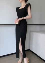 Slim Fit Black Square Collar Side Open Cotton Long Dresses Summer
