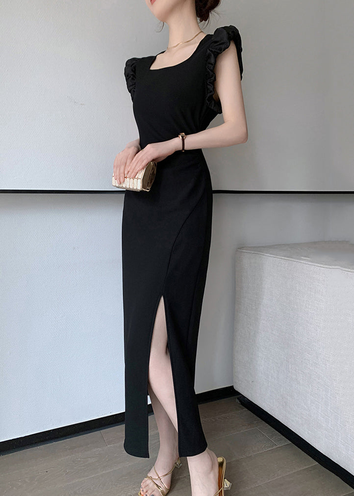 Slim Fit Black Square Collar Side Open Cotton Long Dresses Summer