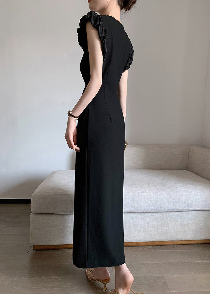 Slim Fit Black Square Collar Side Open Cotton Long Dresses Summer