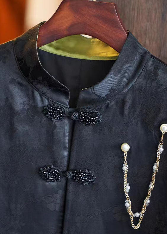 Slim Fit Black Stand Collar Embroideried Button Silk Linen Coat Long Sleeve