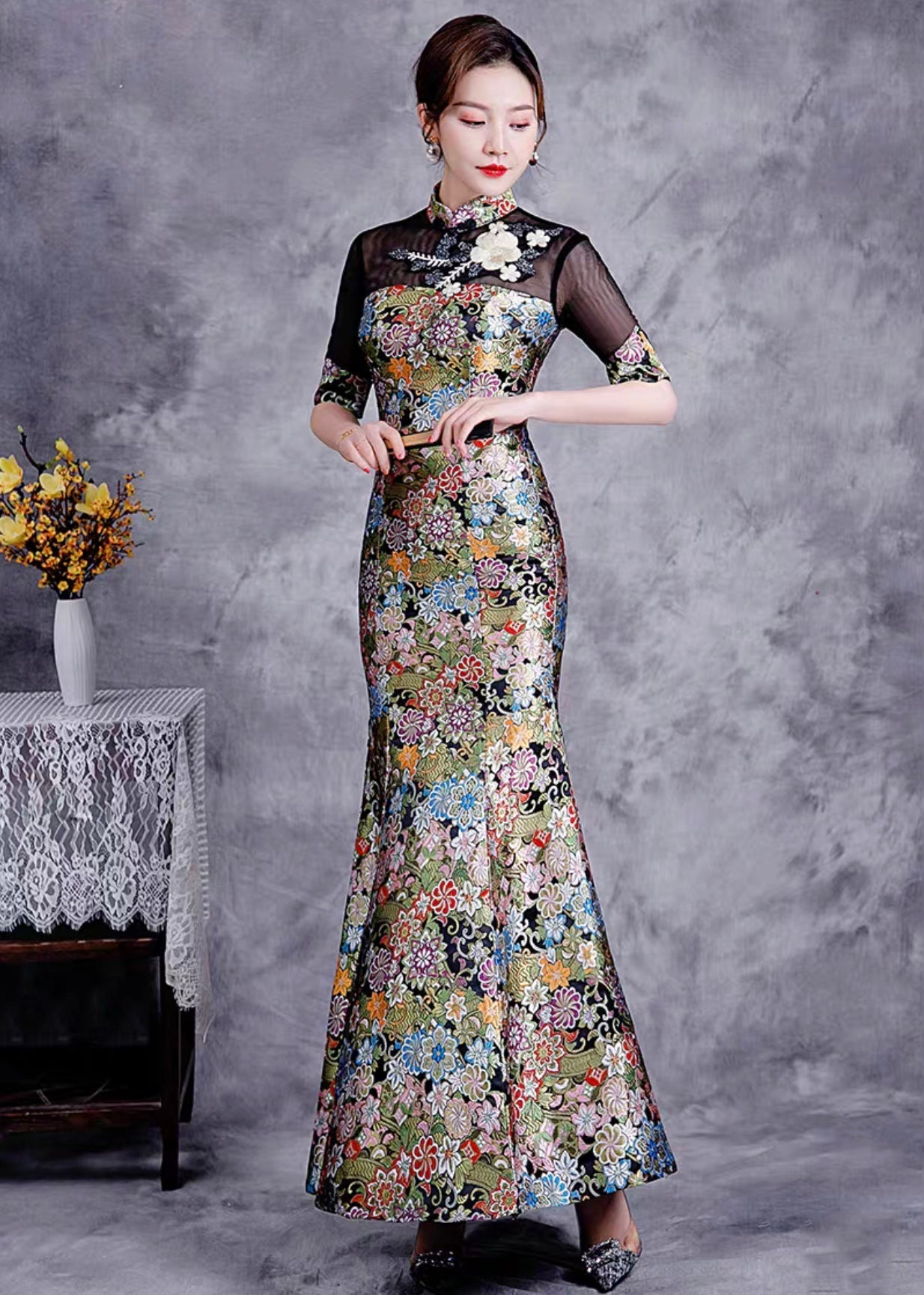 Slim Fit Black Stand Collar Embroidered Patchwork Silk Fishtail Dress ...