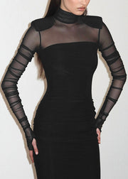 Slim Fit Black Tulle Patchwork Maxi Dresses Spring