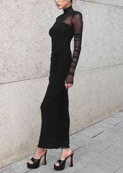 Slim Fit Black Tulle Patchwork Maxi Dresses Spring
