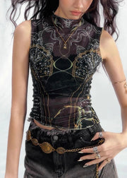 Slim Fit Black Turtleneck Print Tulle Tank Sleeveless