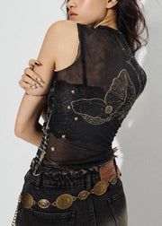 Slim Fit Black Turtleneck Print Tulle Tank Sleeveless