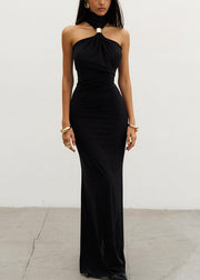 Slim Fit Black Turtleneck Side Open Cotton Long Dress Sleeveless