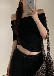 Slim Fit Black V Neck Beading Hollow Out Cotton T Shirts
