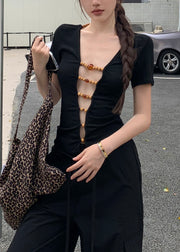 Slim Fit Black V Neck Beading Hollow Out Cotton T Shirts