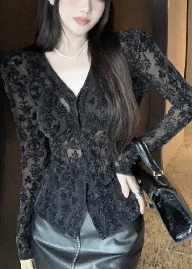 Slim Fit Black V Neck Button Flocking Tulle Top Spring