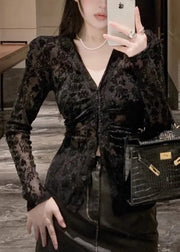Slim Fit Black V Neck Button Flocking Tulle Top Spring