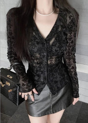 Slim Fit Black V Neck Button Flocking Tulle Top Spring