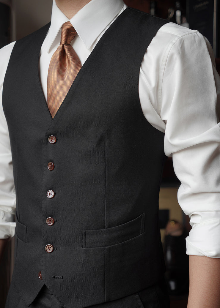 Slim Fit Black V Neck Button Pockets Cotton Men Waistcoat Sleeveless