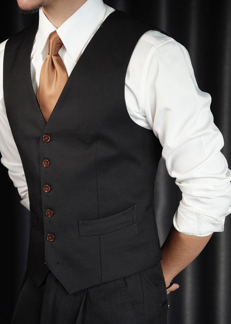 Slim Fit Black V Neck Button Pockets Cotton Men Waistcoat Sleeveless