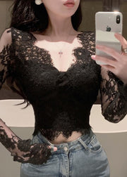 Slim Fit Black V Neck Lace Top Spring