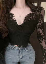 Slim Fit Black V Neck Lace Top Spring