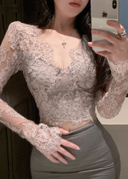 Slim Fit Black V Neck Lace Top Spring