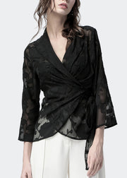 Slim Fit Black V Neck Lace Up Chiffon Blouse Fall