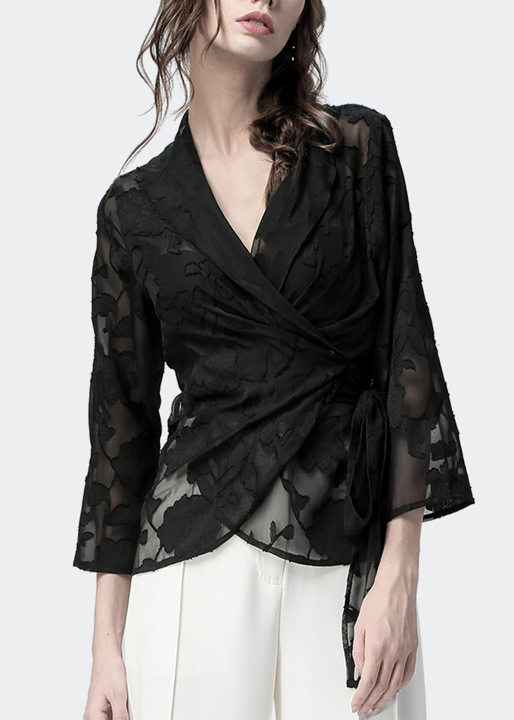 Slim Fit Black V Neck Lace Up Chiffon Blouse Fall