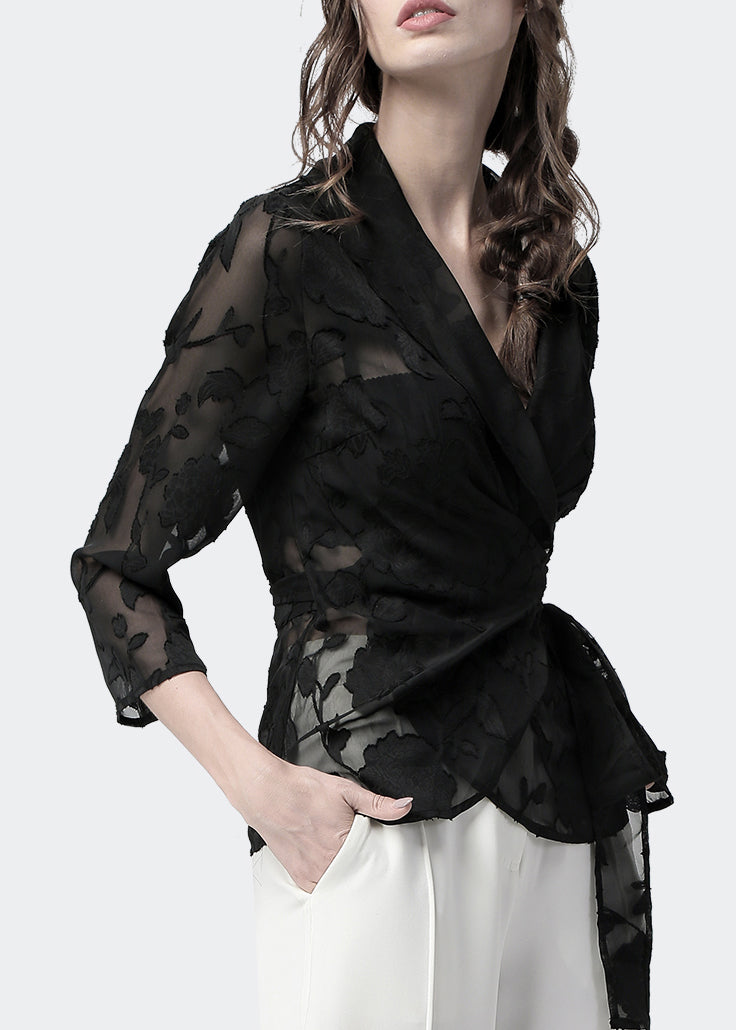Slim Fit Black V Neck Lace Up Chiffon Blouse Fall