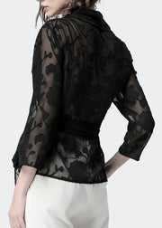 Slim Fit Black V Neck Lace Up Chiffon Blouse Fall