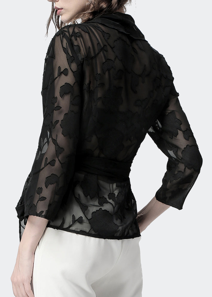 Slim Fit Black V Neck Lace Up Chiffon Blouse Fall