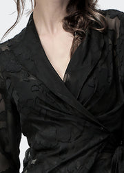Slim Fit Black V Neck Lace Up Chiffon Blouse Fall