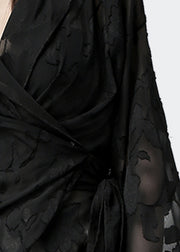 Slim Fit Black V Neck Lace Up Chiffon Blouse Fall