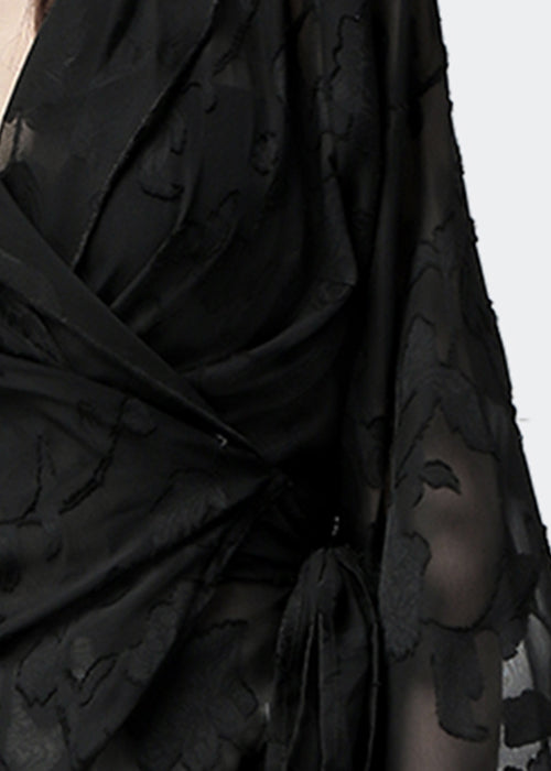 Slim Fit Black V Neck Lace Up Chiffon Blouse Fall