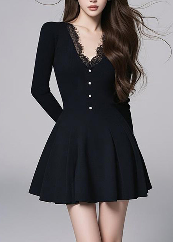 Slim Fit Black V Neck Mid Dress Long Sleeve
