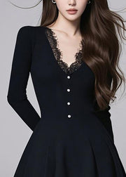 Slim Fit Black V Neck Mid Dress Long Sleeve