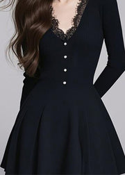 Slim Fit Black V Neck Mid Dress Long Sleeve