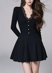 Slim Fit Black V Neck Mid Dress Long Sleeve
